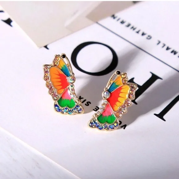 COLORFUL CZ & ENAMEL BUTTERFLY STUD EARRINGS - Picture 4 of 6